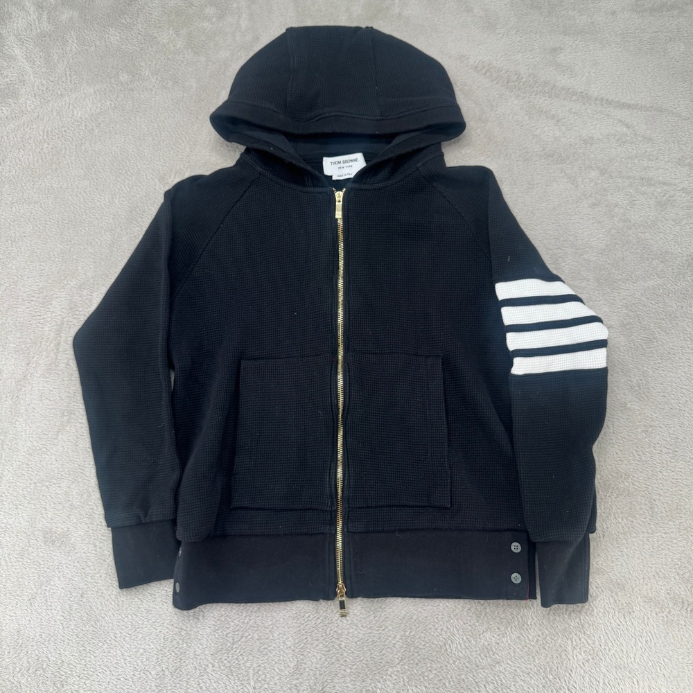 Thom Browne Waffle Knit Hoodie Mens Medium Black Preowned 4 Bar Striped Full Zip